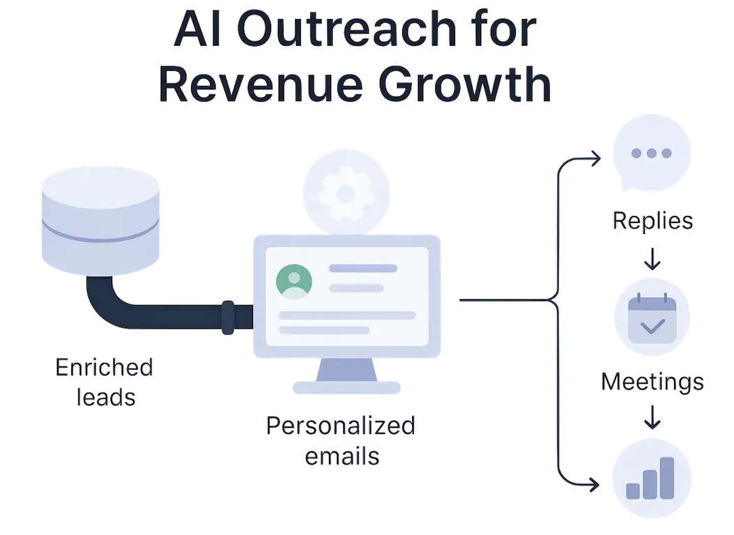 AI Outreach to Revenue Growth - Process flow from enriched leads through personalized emails, replies, meetings to revenue growth